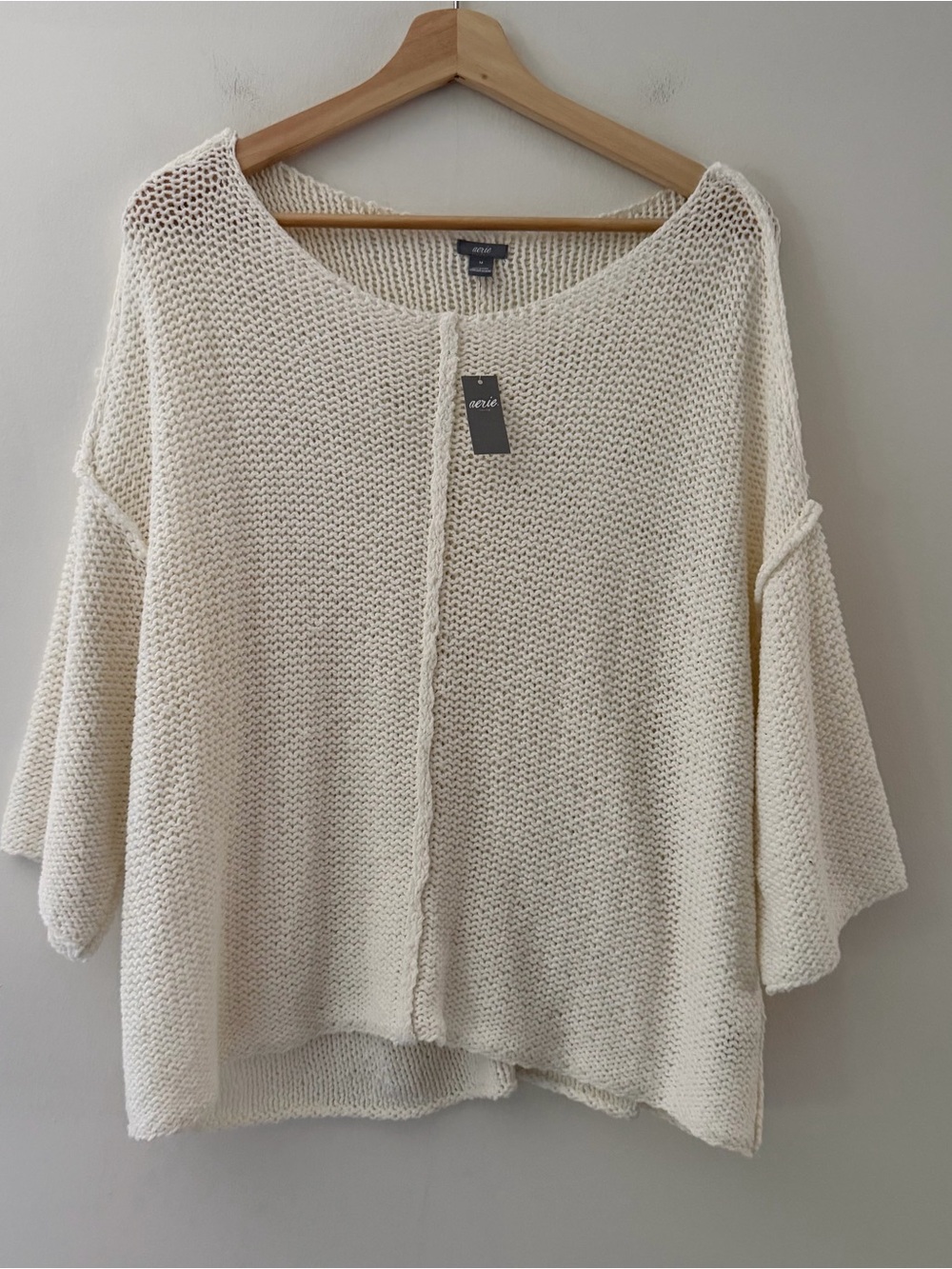 Aerie NWT Knit Sweater Cotton Cream Relaxed Fit Size Medium Coastal Beachy Boho